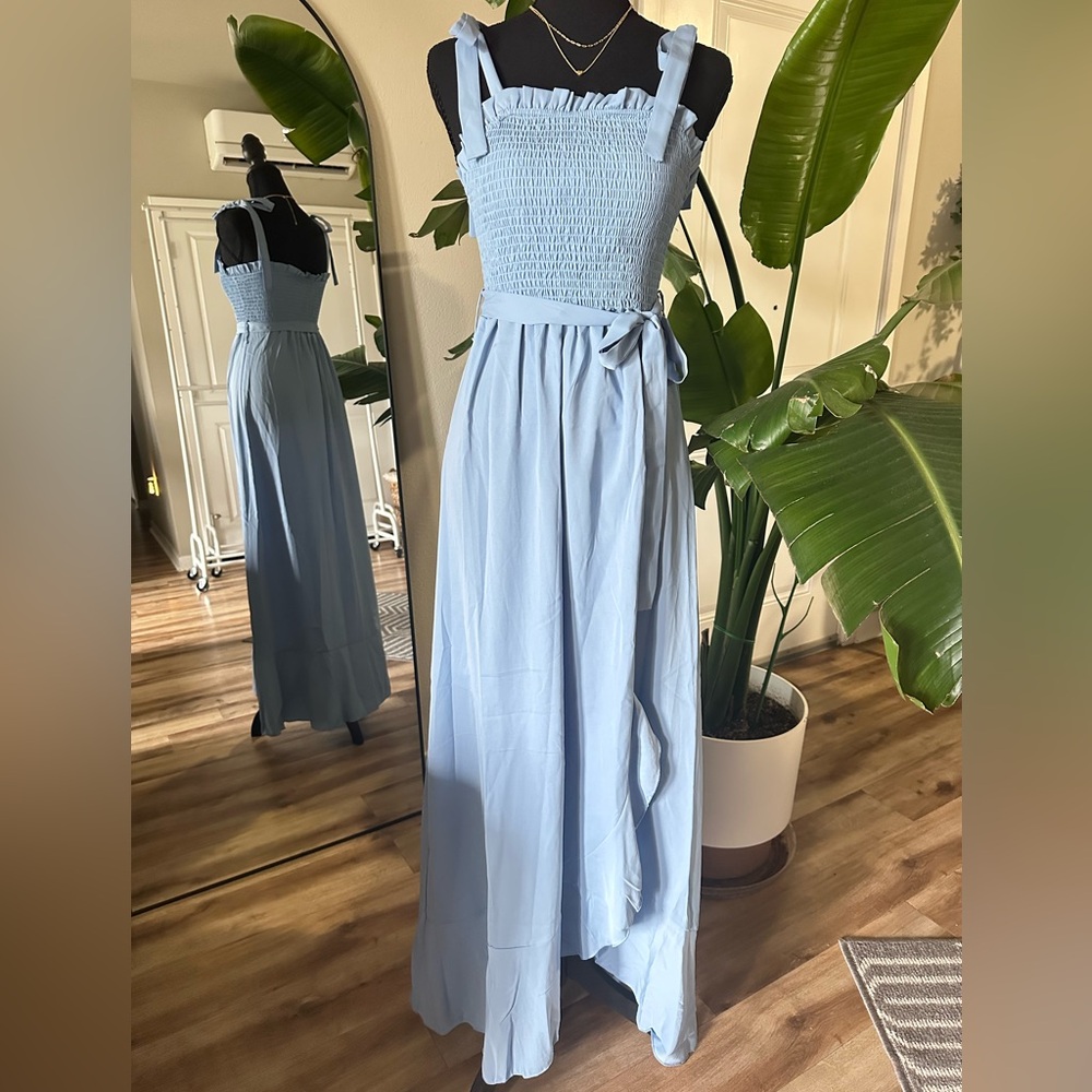 DUKAKII Light Blue Smocked Midi Dress | Tie Strap Sleeveless Flowy Dress